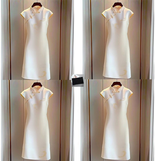 改良旗袍 洋裝 精緻端莊 大氣白色 連衣裙, 黑色【囊胸】,XL