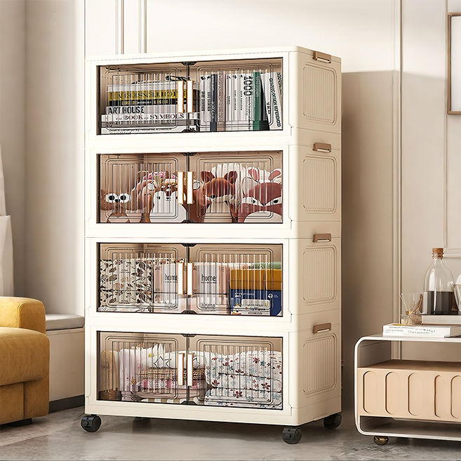 무설치 이동식 접이식 옷장 대용량 폴딩 수납장 플라스틱 양문형 바퀴형 정리함, 흰색