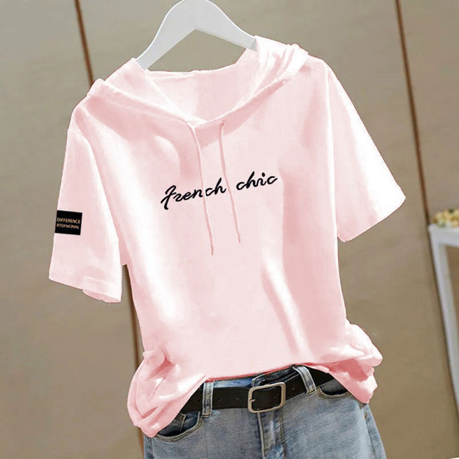 자칠 여성 여름 반팔 후드 티셔츠 루즈핏 캐주얼 스타일 패션 스타일리시