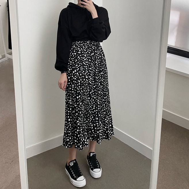 다미로그 레오파드 호피 밴딩 주름 롱 스커트