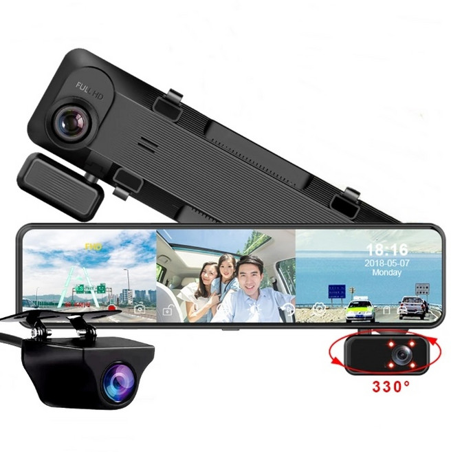 E에이스 11.26인치 디지털 룸미러 3채널 블랙박스 한국어지원 충격감지 주차 모니터링 실내카메라, 기본 패키지+후방카메라+파워키트