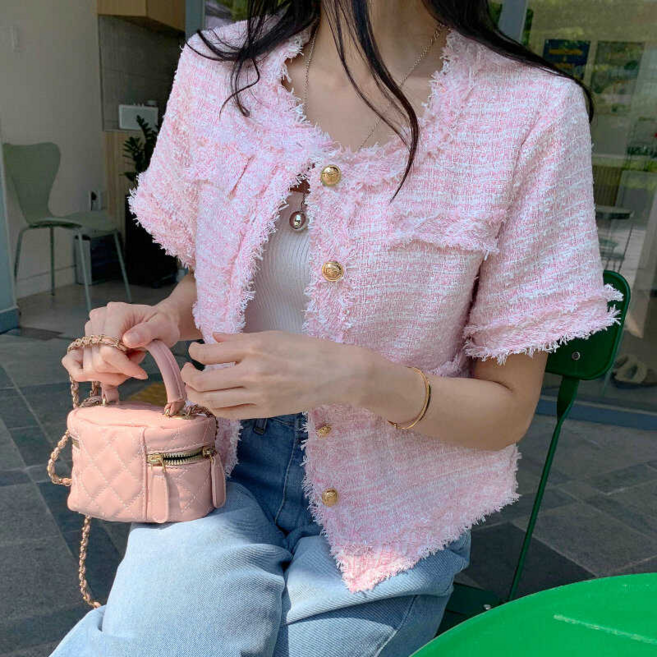 여성 여름 반팔 코트 고급스러운 프렌치 반팔 트위드 자켓 슬림핏 캐주얼 여자 숏 반팔 자켓 JXH