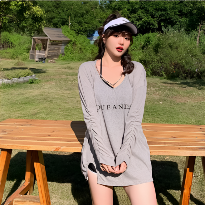 여성 빅사이즈 래쉬가드 세트 원피스 수영복 체형커버 뱃살커버 비치웨어 바캉스 루즈핏, 그레이