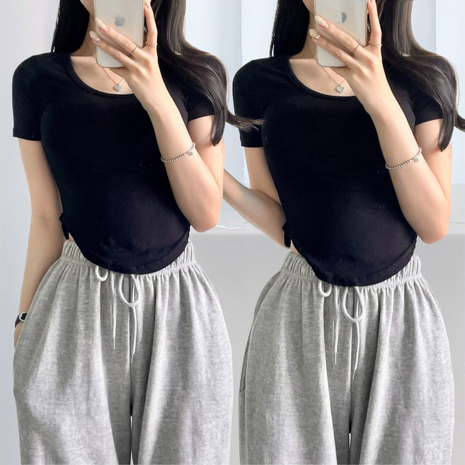 스트릿제이 밑단 굴림티 크롭티 반팔 무지 티셔츠