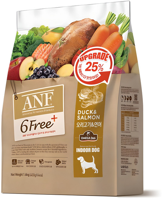 ANF 전연령 식스프리 플러스 인도어 독 건식사료, 연어+오리, 1.6kg, 1개