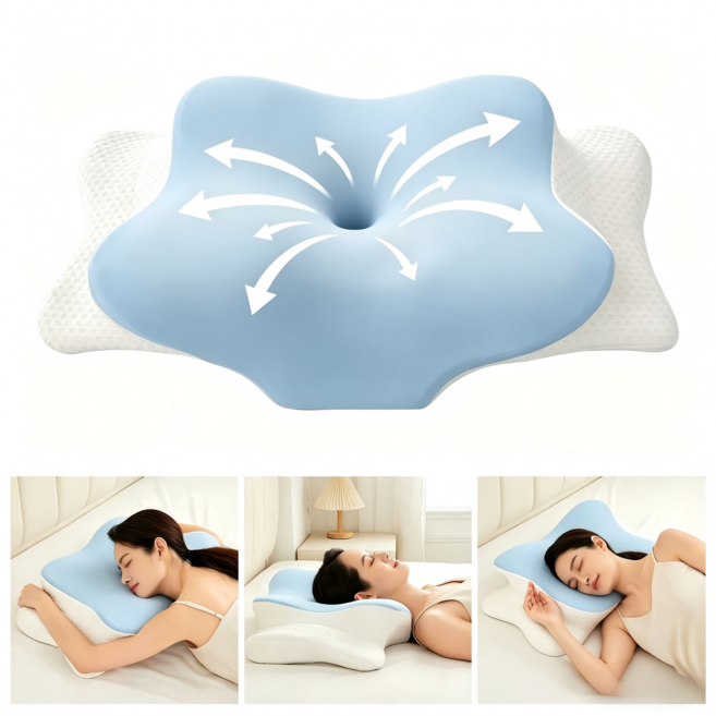 에란스타 인체공학 고밀도 메모리폼 경추베개, 블루+화이트, 1개