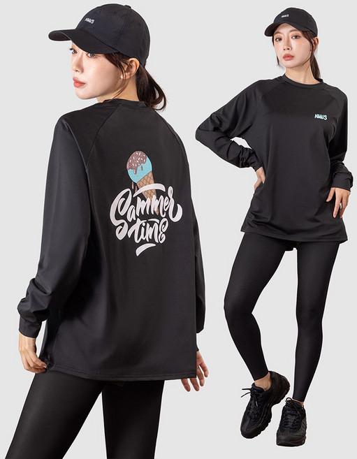 여자 루즈핏 래쉬가드 상의 + 반바지 레깅스 하의 수영복 비치웨어 세트