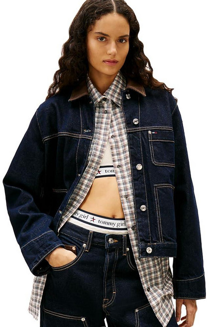 Tommy Jeans 여성용 경량 오버사이즈 데님 초어 재킷 대비 칼라 다크 XS 382809
