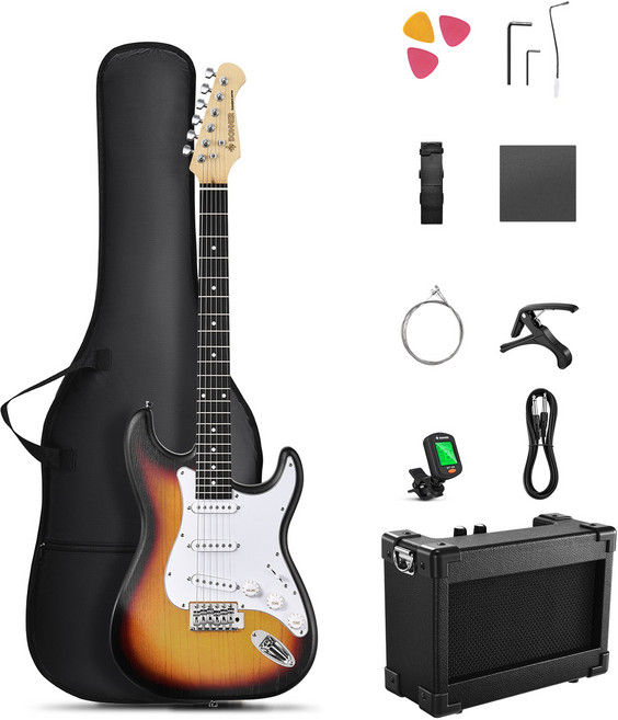 도너릴 Donner DST-80 일렉기타 세트 솔리드 바디 우드 그레인 SSS 3단 싱글 코일 픽업 앰프+악세서리 입문용, 선버스트, 1개