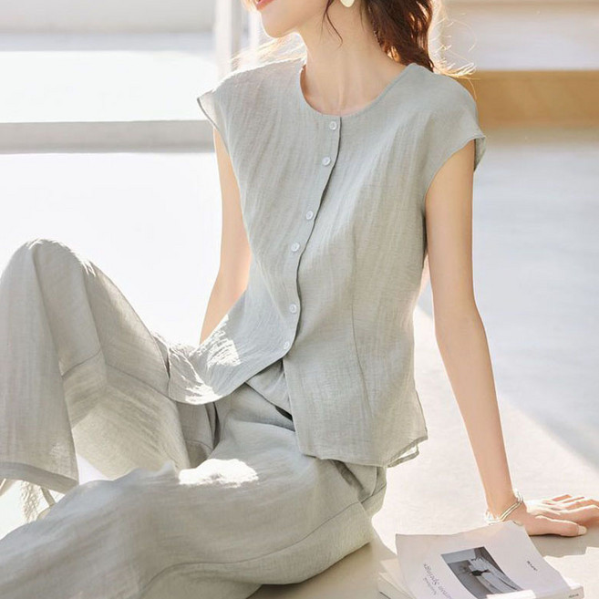 ORZQU 여름 민소매 셔츠 상의 세트 슬랙스 투피스 여