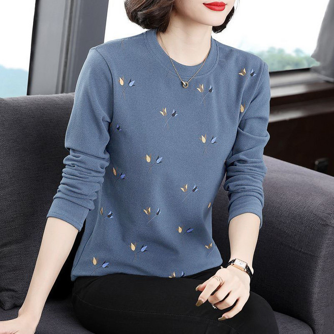 슬림소녀 중년 여성 봄 가을 라운드넥 긴팔 티셔츠 빅사이즈 이너 상의