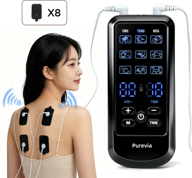 Purevia 저주파 전기 마사지기 듀얼 가정용 3채널 EMS TENS 마사지 9모드 30단강도 타이머, 블랙, BSY269
