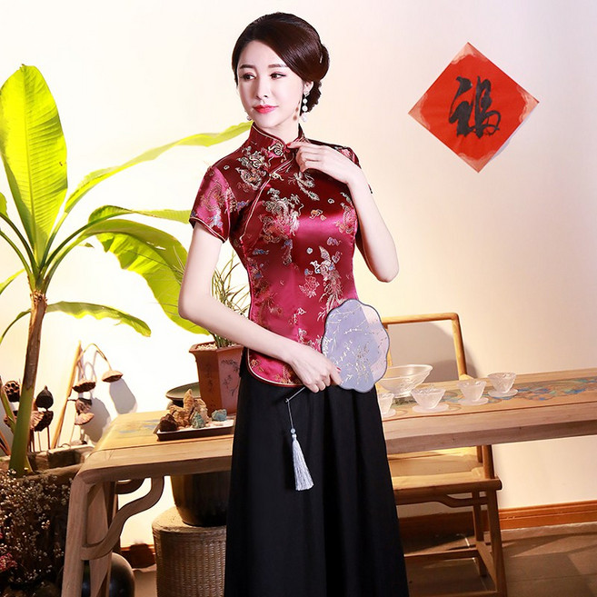 氣質酒紅色龍鳳短袖女唐裝上衣 中國風絲綢旗袍式傳統中式服飾