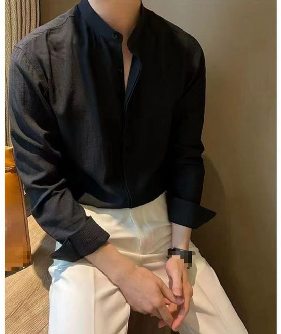 春秋長袖立領褶皺面料男襯衫 海邊度假風休閒百搭純色襯衣