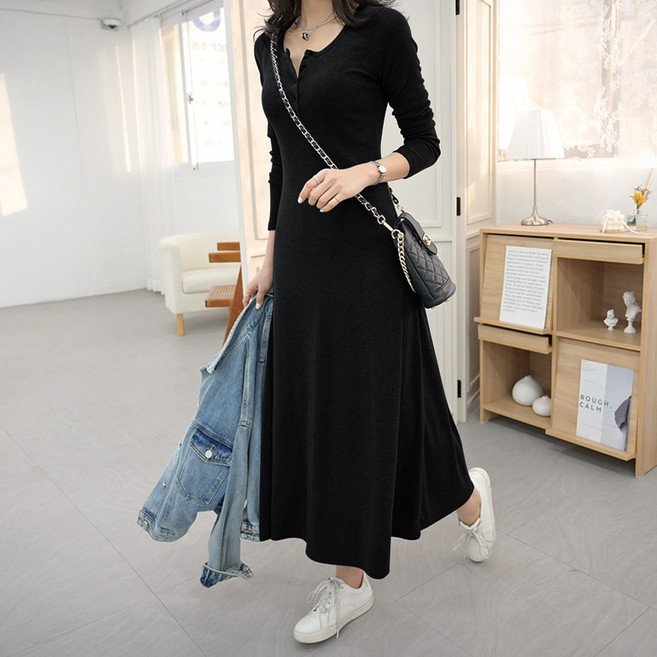데일리앤 비올 버튼 플레어 A라인 긴팔 롱원피스 홈드레스 봄 가을