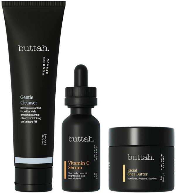 Dorion Renaud Buttah Skin 컴플리트 멜라닌이 풍부한 스킨 케어 키트 | 시어 버터 비타민 C 세럼 페이셜 클렌저 | 유기농 및 천연 | 블랙 소유, 페이셜 시어 버터, 1