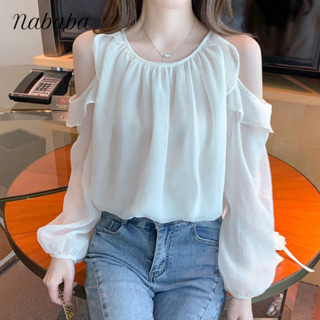 나바바 NB2721 여성 얇은 로맨틱 오픈숄더 긴팔 블라우스