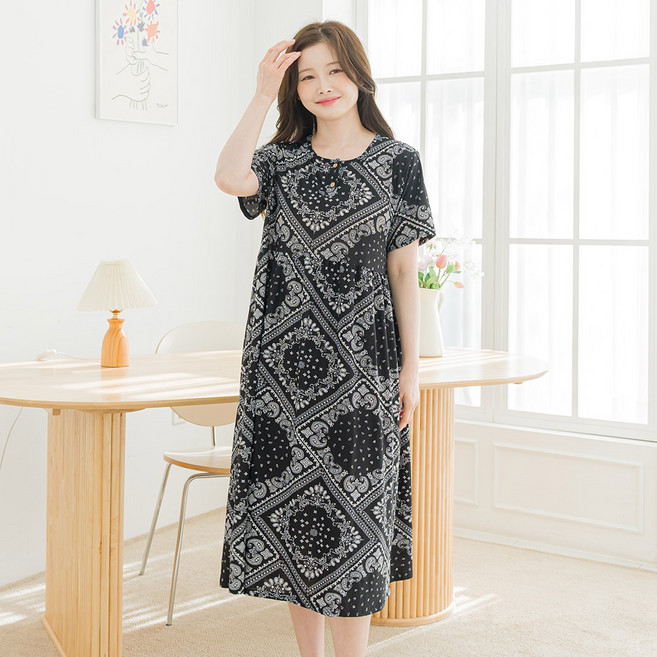 아킵 [넉넉한 루즈핏] 버튼 반팔 원피스 홈웨어 냉감 여름 잠옷 파자마