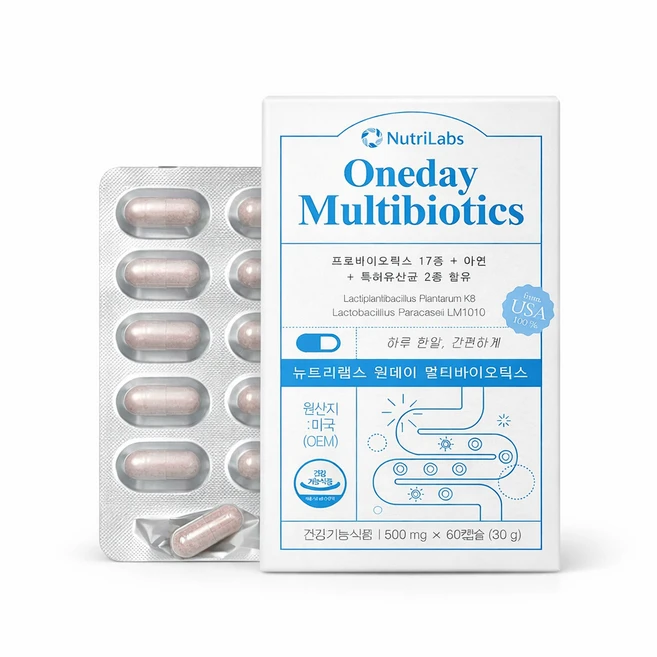 뉴트리랩스 원데이 멀티바이오틱스 500mg 100억 유산균 (프로바이오틱스 17종+아연+특허균 2종 함유), 1정, 1개 - 쿠팡