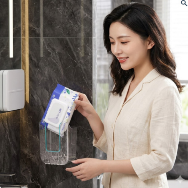 더파몰 무타공 벽걸이 물티슈 케이스 투명 접착식 홀더 수납함필수템, 19개