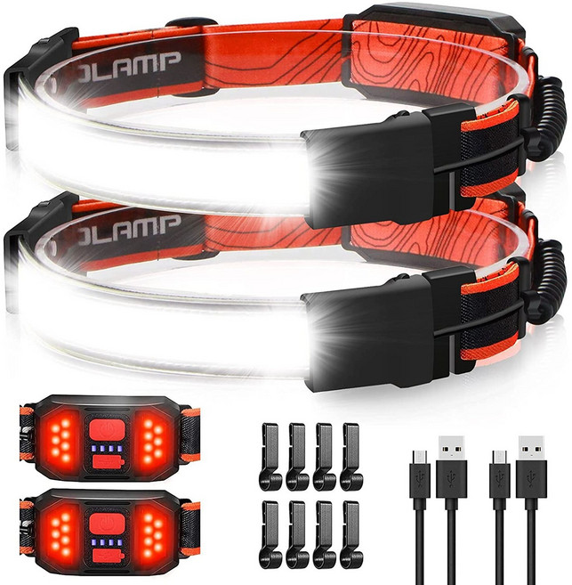 txzzy 충전식 LED 헤드랜턴 3가지 모드 1000 루멘 헤드랜턴 2개, 빨강