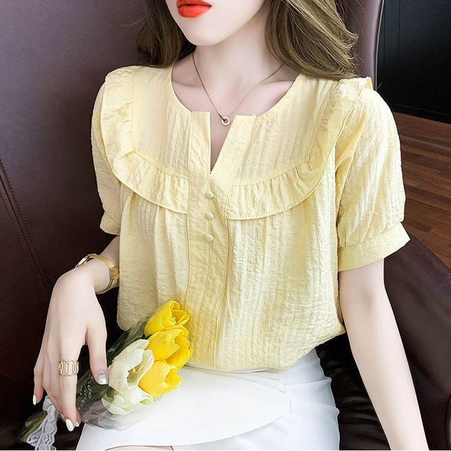 Asure 여자 여름 데일리 무지 루즈핏 프릴 디자인 빈티지 블라우스 반팔 셔츠