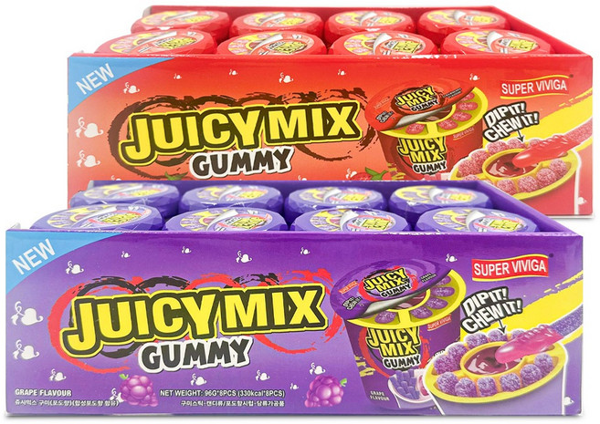 쥬시믹스 딸기향 구미 96g x 8개 (1통) + 쥬시믹스 포도향 구미 96g x 8개 (1통) 스틱형 구미 1+1, 16개