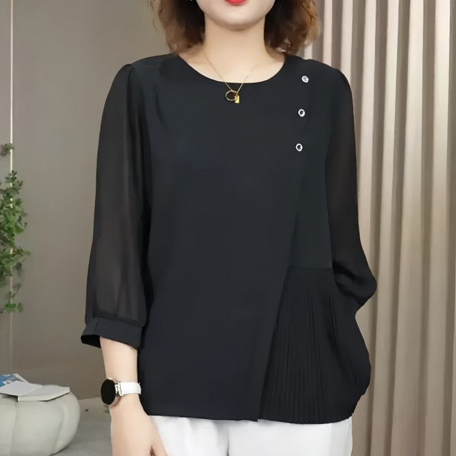 Makone 여성 라운드넥 언발란스 앞단 플리츠 패치워크 패션 스타일리시 루즈핏 솔리드 빅사이즈 망사 7부소매 블라우스 엄마옷 상의