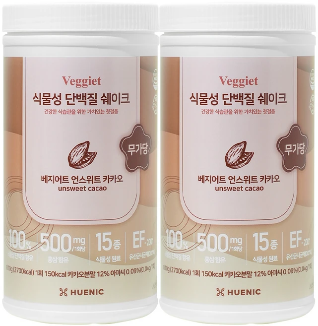 휴닉 베지어트 식물성 단백질쉐이크 언스위트 카카오맛, 2개, 810g - 쿠팡