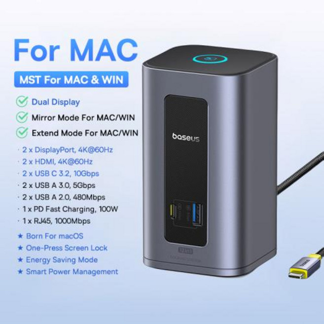 C타입멀티허브 베이스어스 USB C 허브 맥용 12-in-1 디스플레이포트 HDMI 4K@60Hz MST 디스플레이 맥OS 윈도우 도킹 스테이션 3.2 RJ45 PD 100W, 4)12-in-1 HUB For MAC