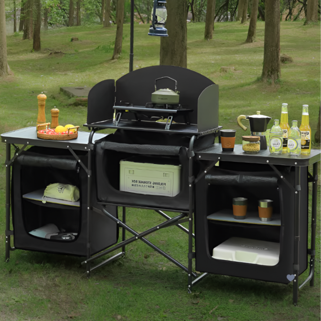 조이랑 캠핑 테이블 캐비닛 키친 조리대 다기능 수납 폴딩 경량, 블랙