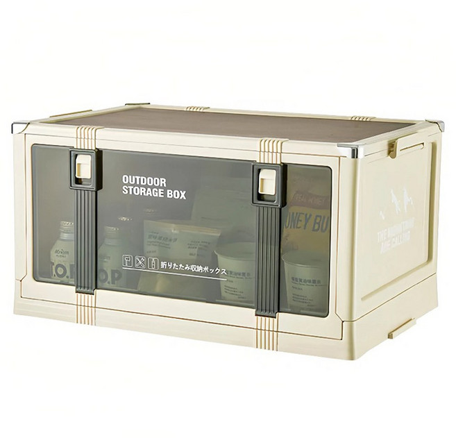 YEAAYE 캠핑용 접이식 수납 상자 우드 상판 버전 대형, 1개, 1단, 크림 화이트