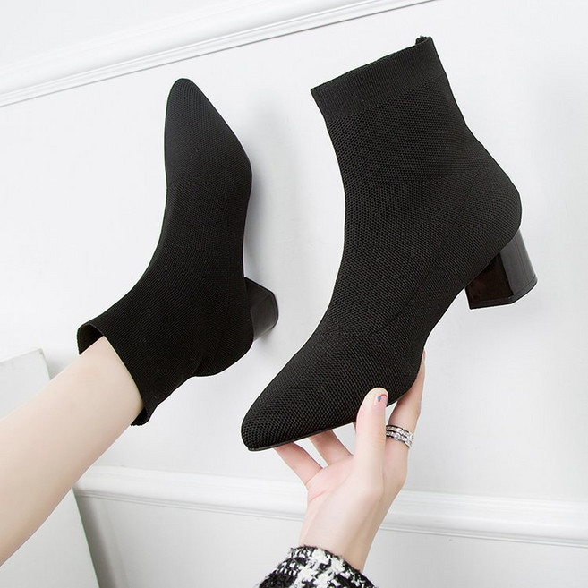 POMTOR 여성용 가을 겨울 편안한 캐주얼 미들 부츠 니트 스판 앵클부츠