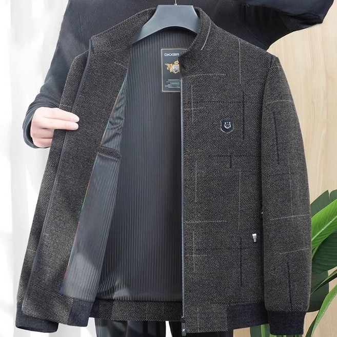 봄 가을 중년 남성 자켓 클래식 체크 패턴 칼라 양털 혼합 소재 자켓 JS