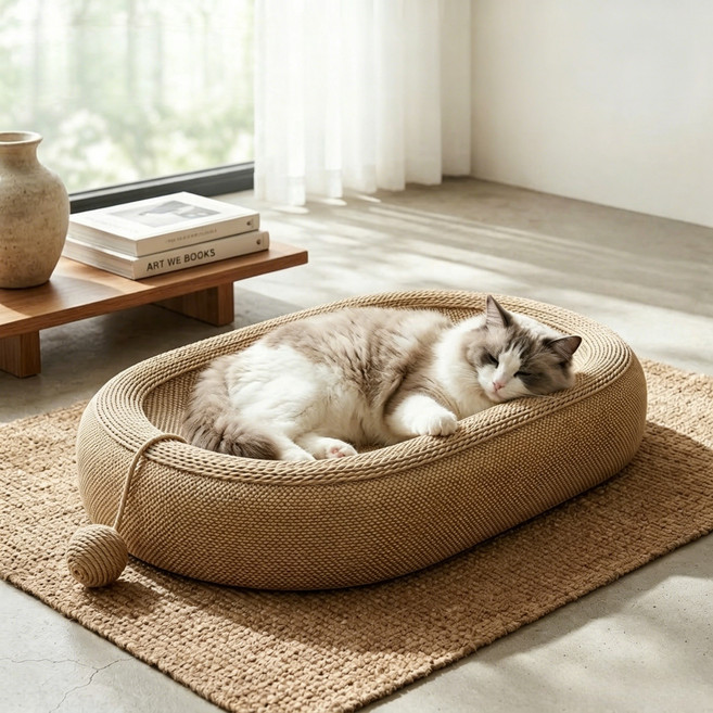 타원형 대형 고양이 스크래처 침대 일체형, 1개, 연한색
