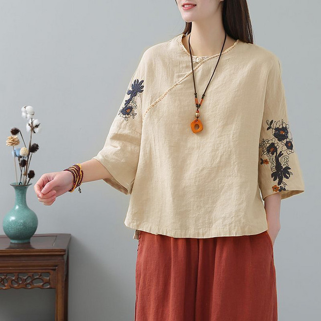 ORZQU 여성 여름 자수 쇼트 셔츠 면 마 생활한복 칠부 풀오버 티셔츠 라운드 상의