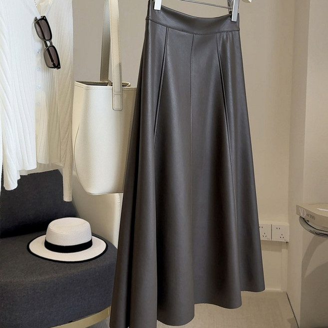여성용 PU 가죽 스커트 중장기장 빅사이즈 가을겨울용 세미 A라인 하이웨스트 슬림핏 롱스커트 드레이프 핏 체형커버 데일리 및 오피스룩 하객룩 스타일링 가능