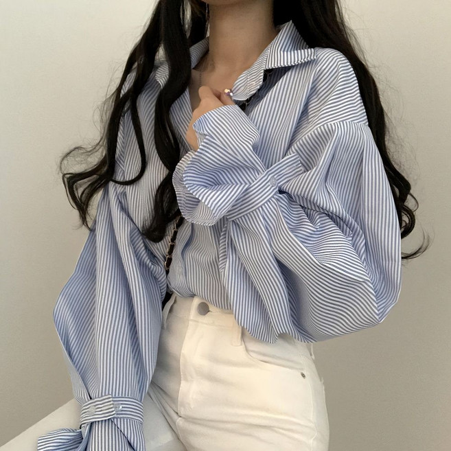 韓版學院風燈籠袖條紋襯衫上衣女