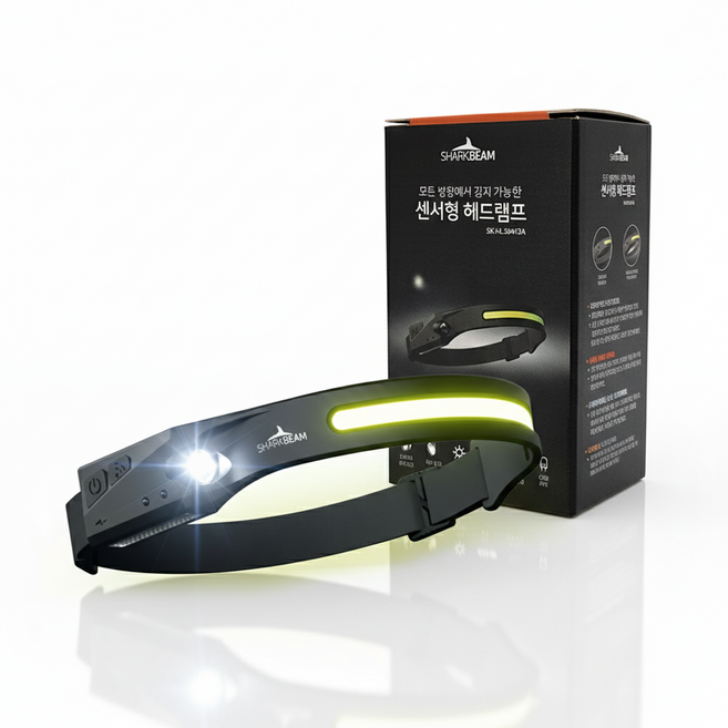 샤크빔 모션센서 헤드랜턴 LED 충전식 COB 밴드형 해루질 등산 캠핑 낚시 자전거 안전모, 블랙, 1개