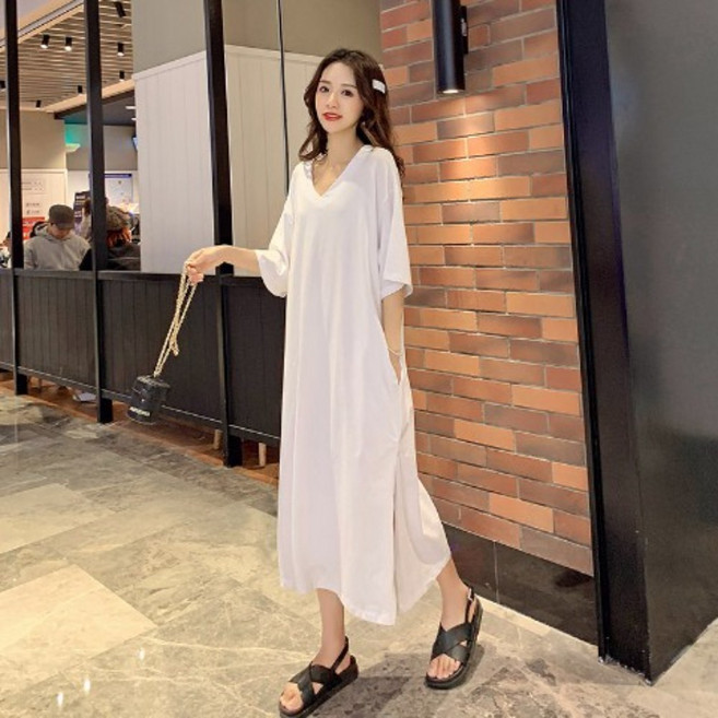 Vezri 빅사이즈 여성용 V넥 슬릿 맥시 티셔츠 원피스