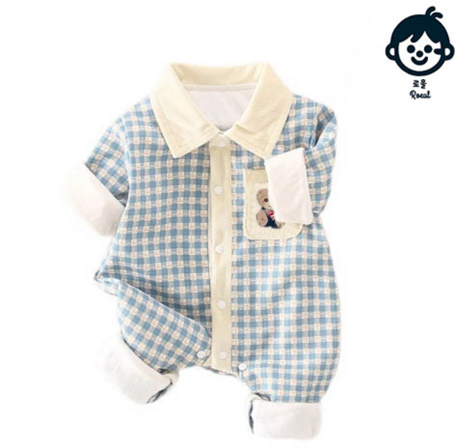 로을 아기 곰돌이 체크 외출우주복 베이비 백일 아기옷