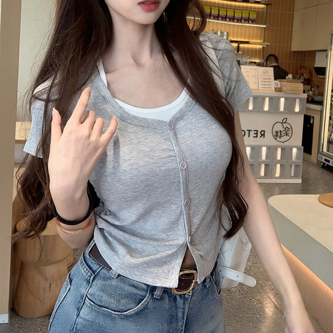 cammello 끈나시 레이어드 반팔 크롭 티셔츠 골지 반팔 가디건 크롭티