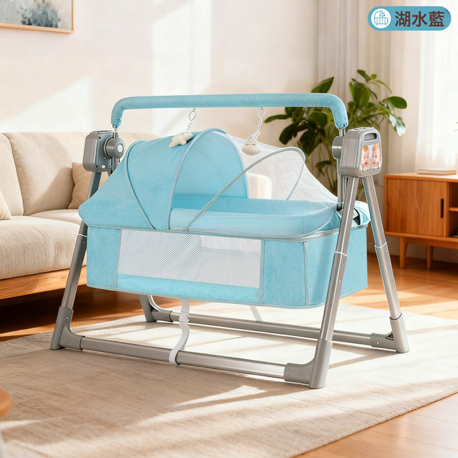 新生兒嬰兒牀多功能搖籃牀可摺疊便攜式嬰兒搖椅哄娃安撫神器, 藍色