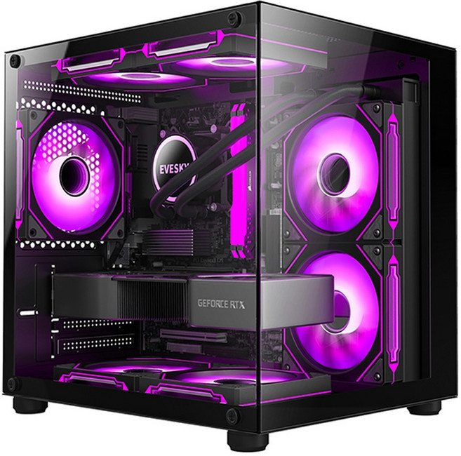 凱銓科技 電競機殼｜內附三風扇、側透海景房設計｜matx 電腦主機殼, 1個, 黑色