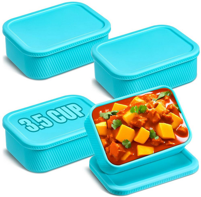 누오고 4개 6컵 실리콘 냉동 트레이 뚜껑 수프 용기 재사용 가능한 냉동실 몰드 소스용 직사각형 얼음 스튜 카레 레이크 블루, 3.5 Cup