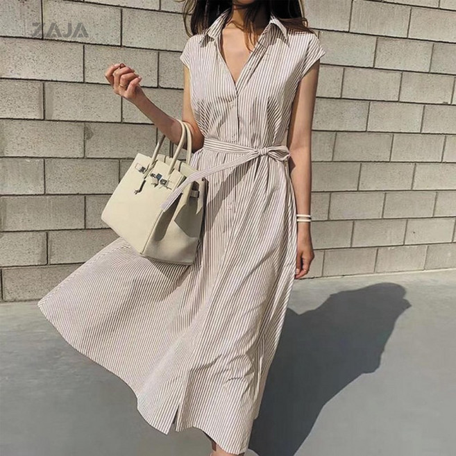 ZAJA 여성 심플 루즈핏 롱 원피스 민소매 스트라이프 슬림핏 카라 원피스