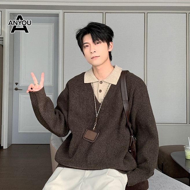 ANYOU 남성 니트 V넥 스웨터 감성 레이어드 디자인 빈티지 카라 니트 봄가을 올드 머니 스타일