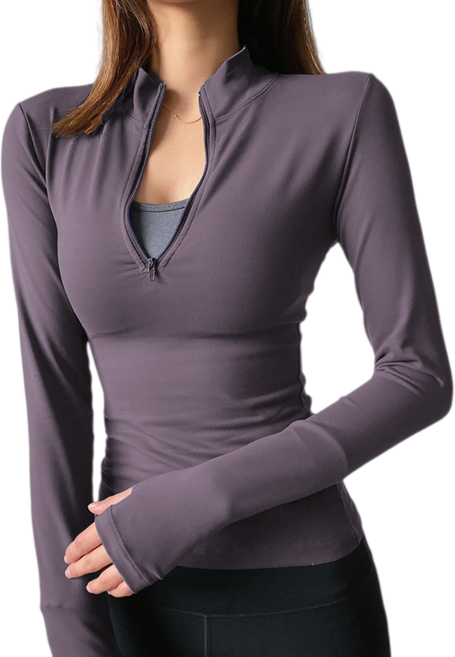 Makone 여성 타이트 트레이닝 상의 헬스복 반집업 요가복 슬림핏 러닝 긴팔 티셔츠