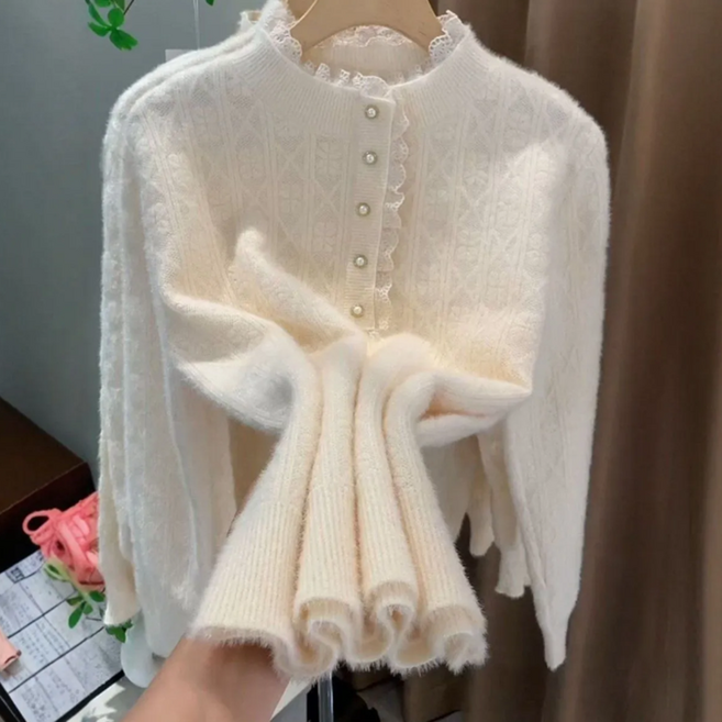 봄가을 여성 니트티 라운드 레이스 카라 긴팔 캐주얼 패션 베이직 니트 탑