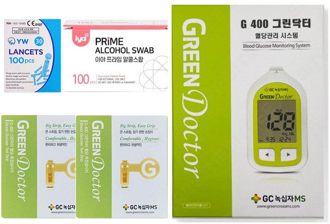 녹십자 G400 그린닥터 혈당측정기+시험지100매+채혈침100개+알콜솜100매 [네오헬스케어 출고], 1개